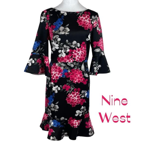 Nine West Bold Floral CottageCore Ruffled Date Night Dress NWOT Size 8 - Picture 2 of 14